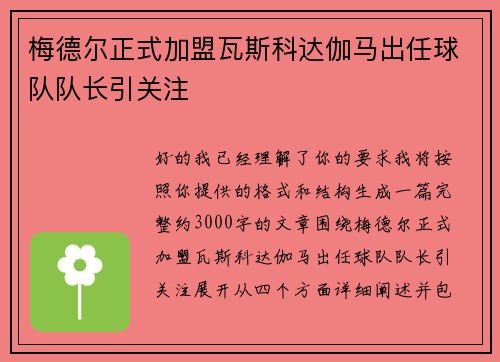 梅德尔正式加盟瓦斯科达伽马出任球队队长引关注