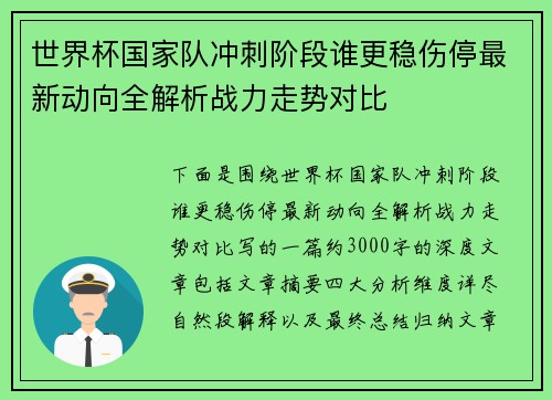 世界杯国家队冲刺阶段谁更稳伤停最新动向全解析战力走势对比 世界杯国家队冲刺阶段谁更稳伤停最新动向全解析战力走势对比