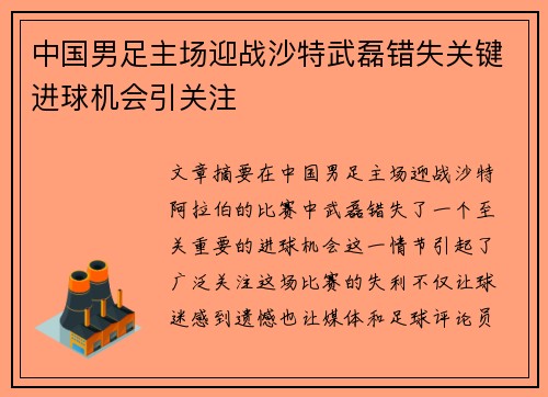 中国男足主场迎战沙特武磊错失关键进球机会引关注